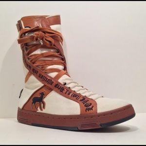 L.A.M.B brown and cream canvas boots